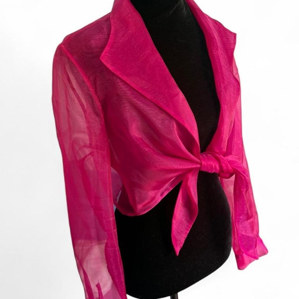 Vintage 80s Hot Pink Sheer Organza Wrap Jacket Statement Collar Jeweled Cuffs XL